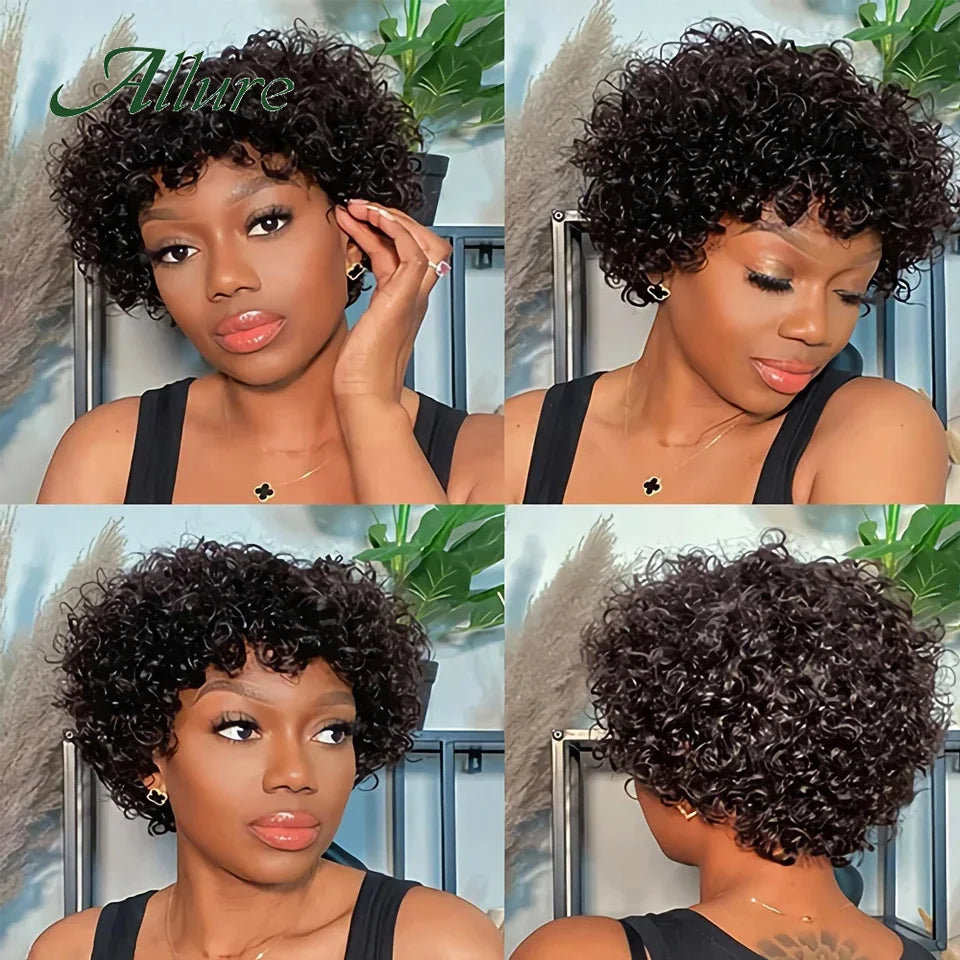 Short Pixie Afro Kinky Curly Wigs for Black Women Glueless Natural Brown Bob Wig With Bangs Brazilian Human Hair Wigs Allure