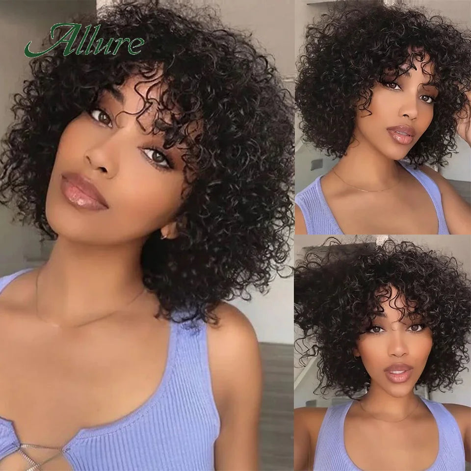 Short Pixie Afro Kinky Curly Wigs for Black Women Glueless Natural Brown Bob Wig With Bangs Brazilian Human Hair Wigs Allure